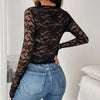 Long Sleeve Soft Lace Sexy Breathable Deep V-Neck Slim Fit Outerwear Spicy Girl Top for Women
