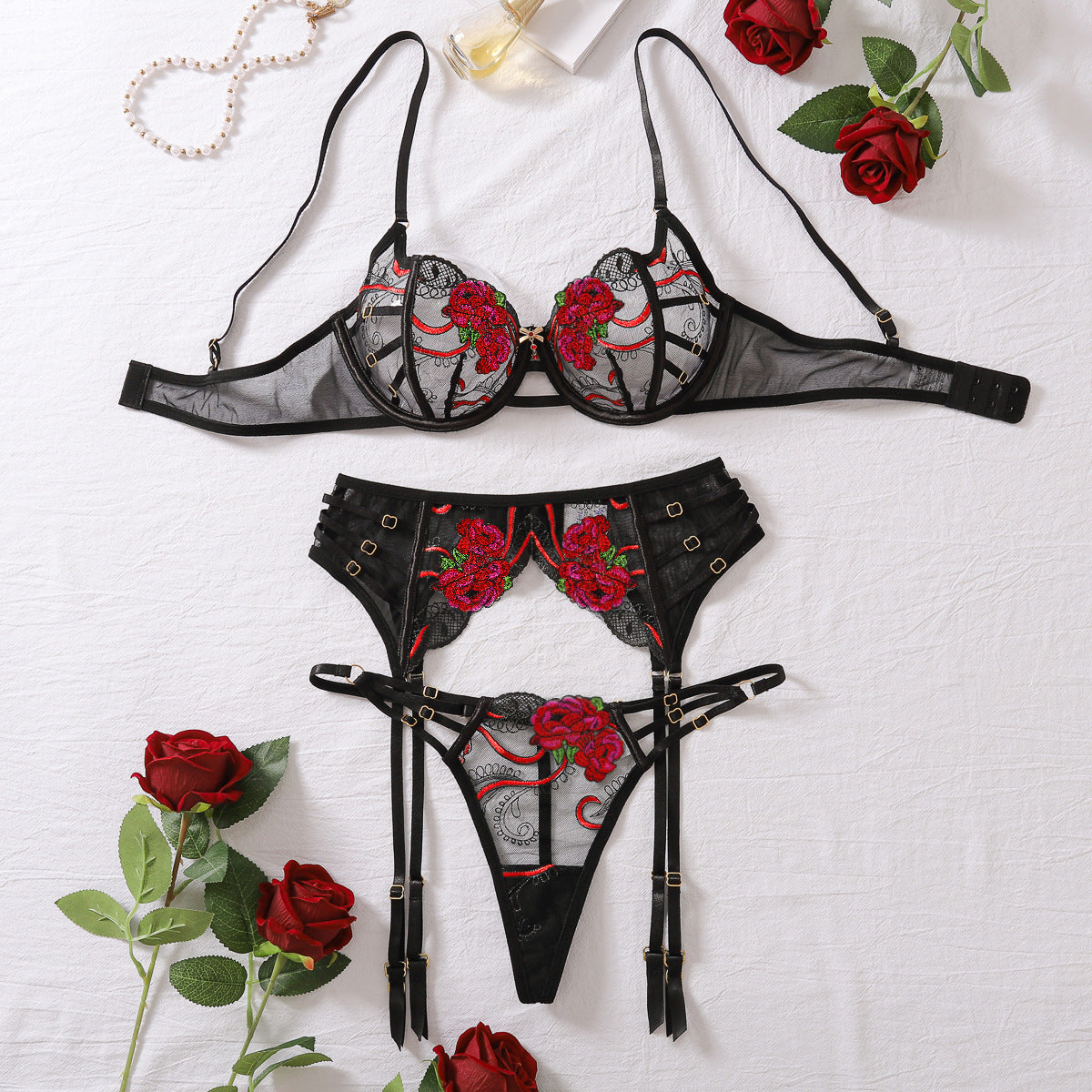 Embroidered Three-Piece Lingerie Set – Bold Elegance, S4C Edition
