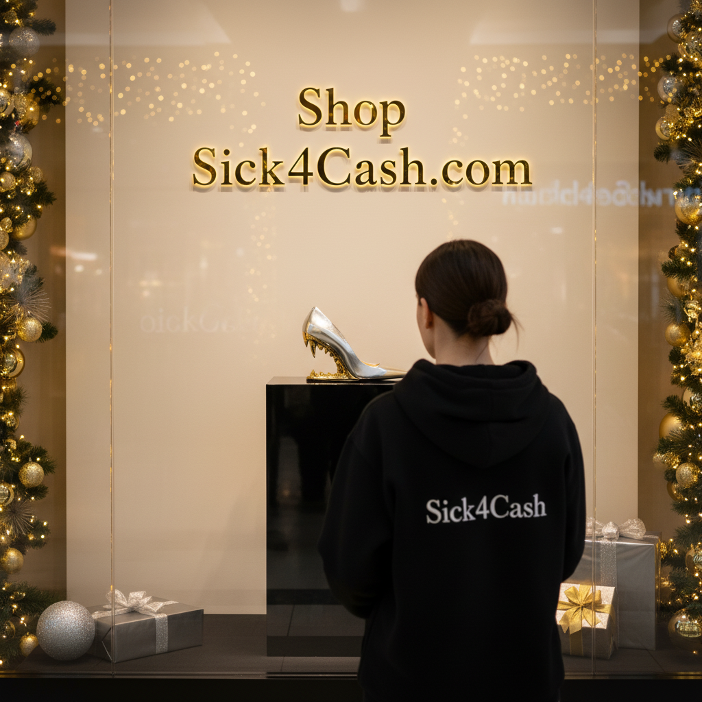 Person wearing a black hoodie with 'Sick4Cash' logo, standing in front of a decorated Christmas window with 'Shop Sick4Cash.com'.
