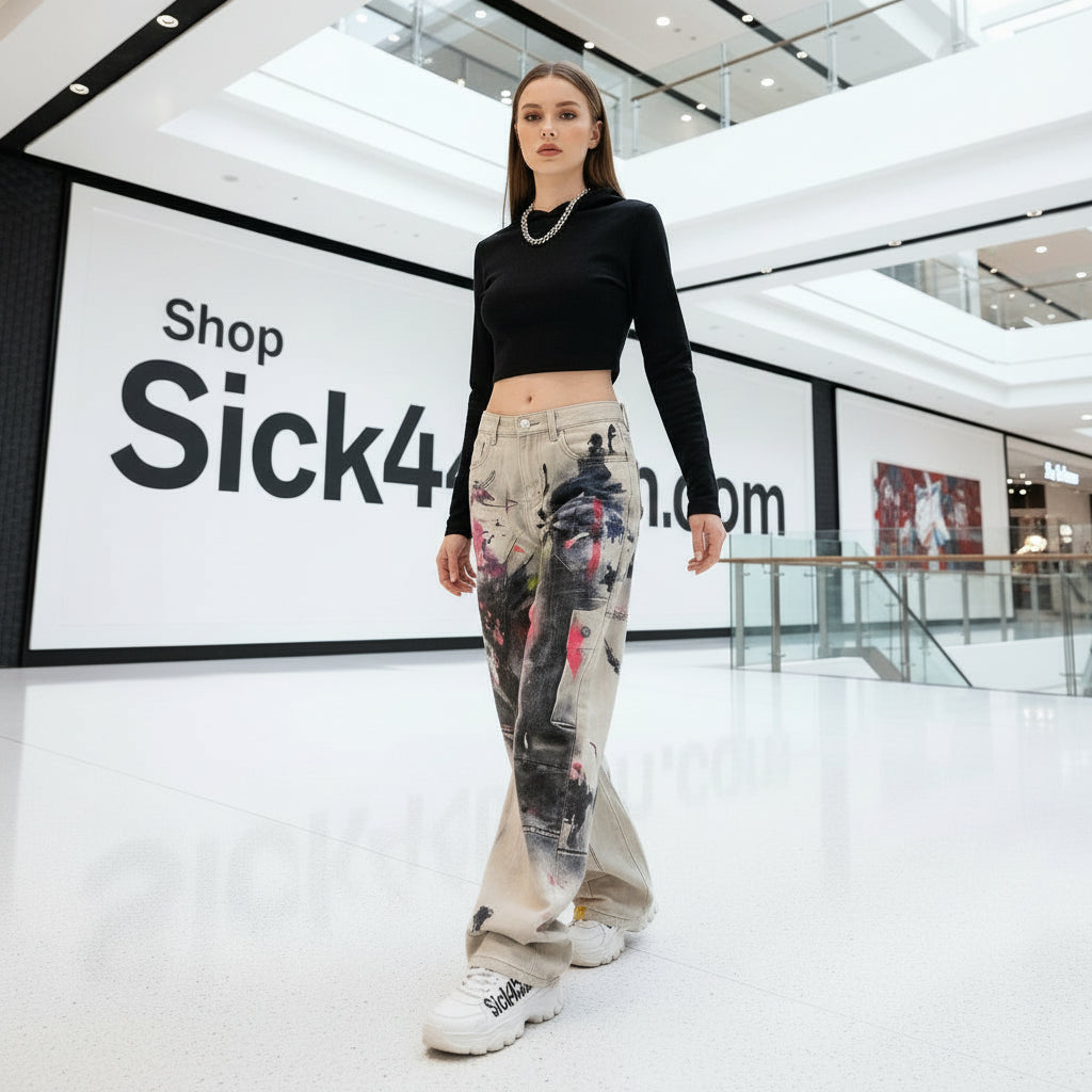 Woman wearing a black top and colorful pants in a shopping mall with 'Sick4' branding.