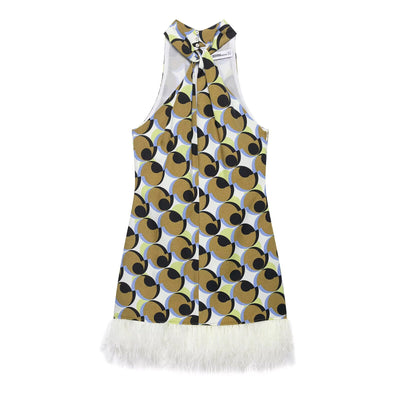 Hanging neck sleeveless feather geometric pattern dress for women