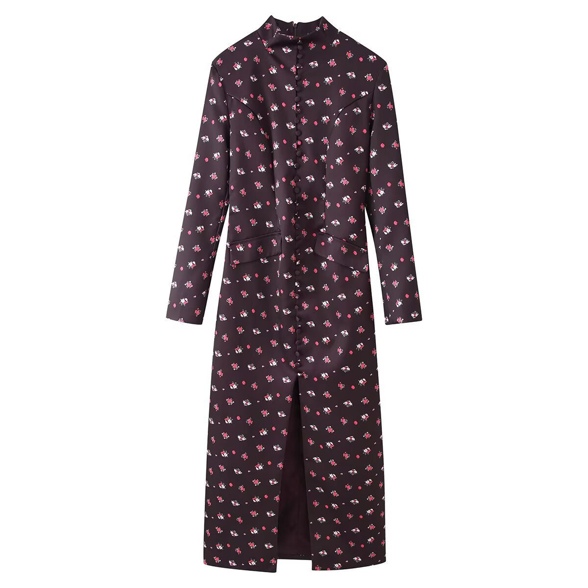 Elegant satin printed buckle slit long skirt