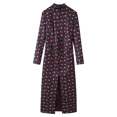 Elegant satin printed buckle slit long skirt