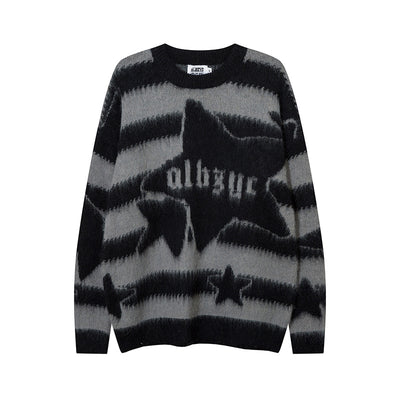 Striped Star Mohair Crew Neck Sweater Men's Loose Casual Couple Knit Top