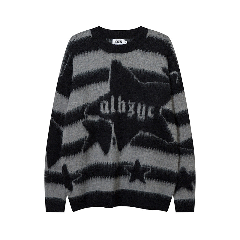 Striped Star Mohair Crew Neck Sweater Men's Loose Casual Couple Knit Top