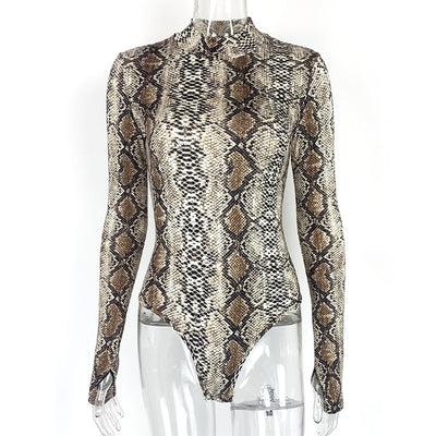 Sexy snake print long sleeved high neck jumpsuit for women