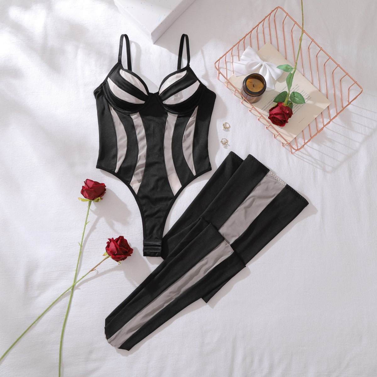 S4C Mesh see through jumpsuit sexy lingerie split set with stockings