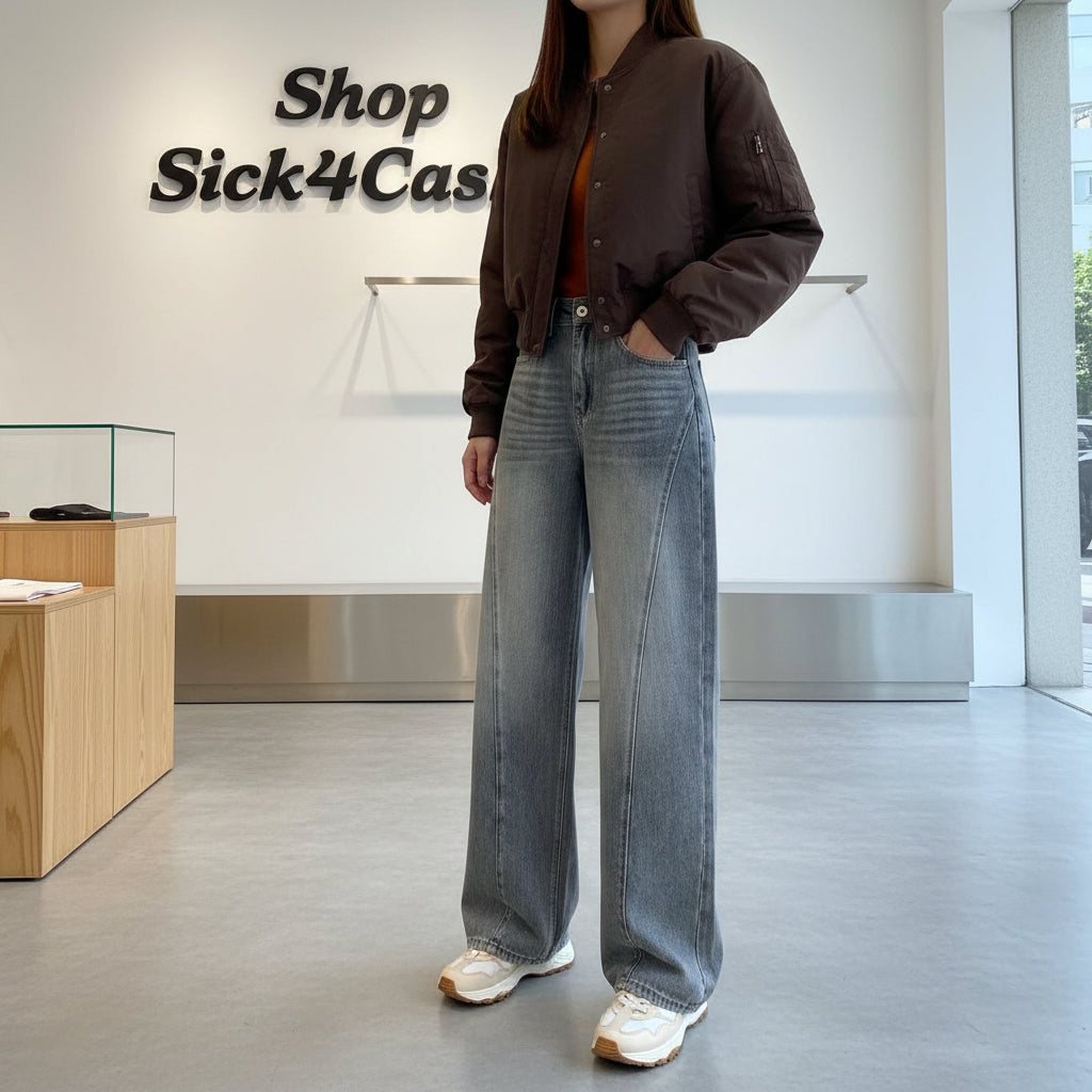 Person wearing a brown jacket and blue jeans standing in a modern interior setting with 'Shop Sick4Cas' branding.
