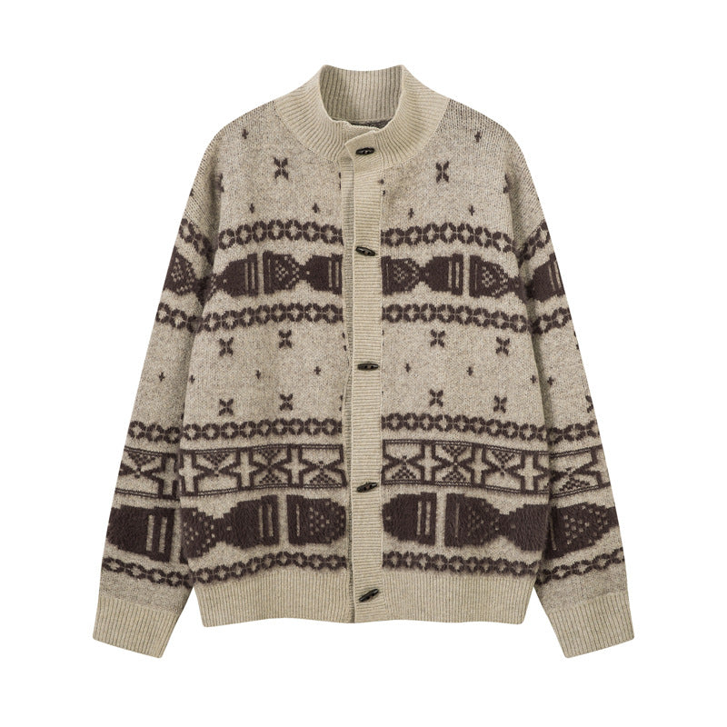 Horn Button Jacquard Knit Cardigan Sweeater