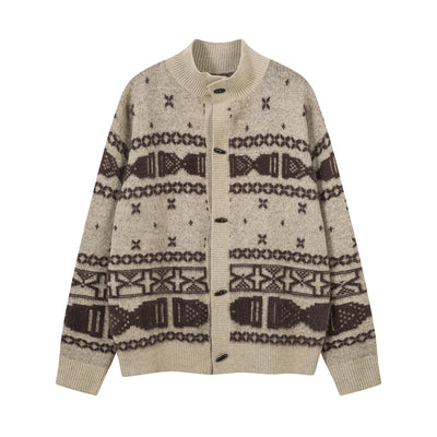 Horn Button Jacquard Knit Cardigan Sweeater
