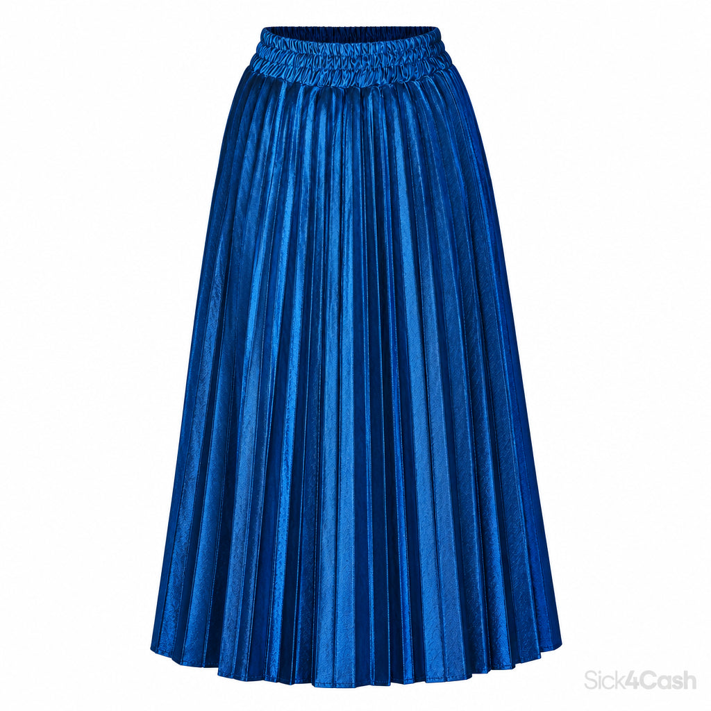 High-Waisted Metallic Pleated Maxi Skirt in Sapphire Blue, showcasing its pleated design and high waistband.