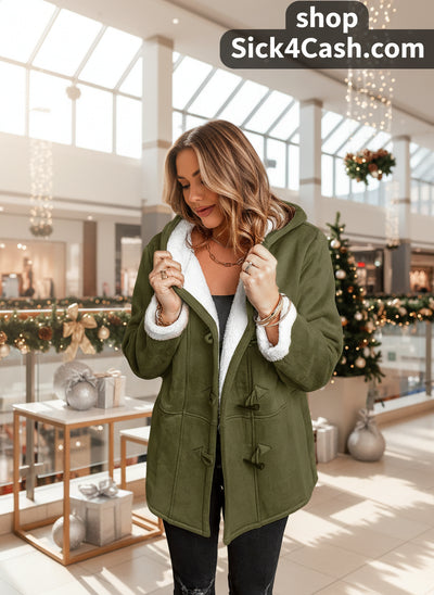 "Green sherpa coat with toggle closure - full length"