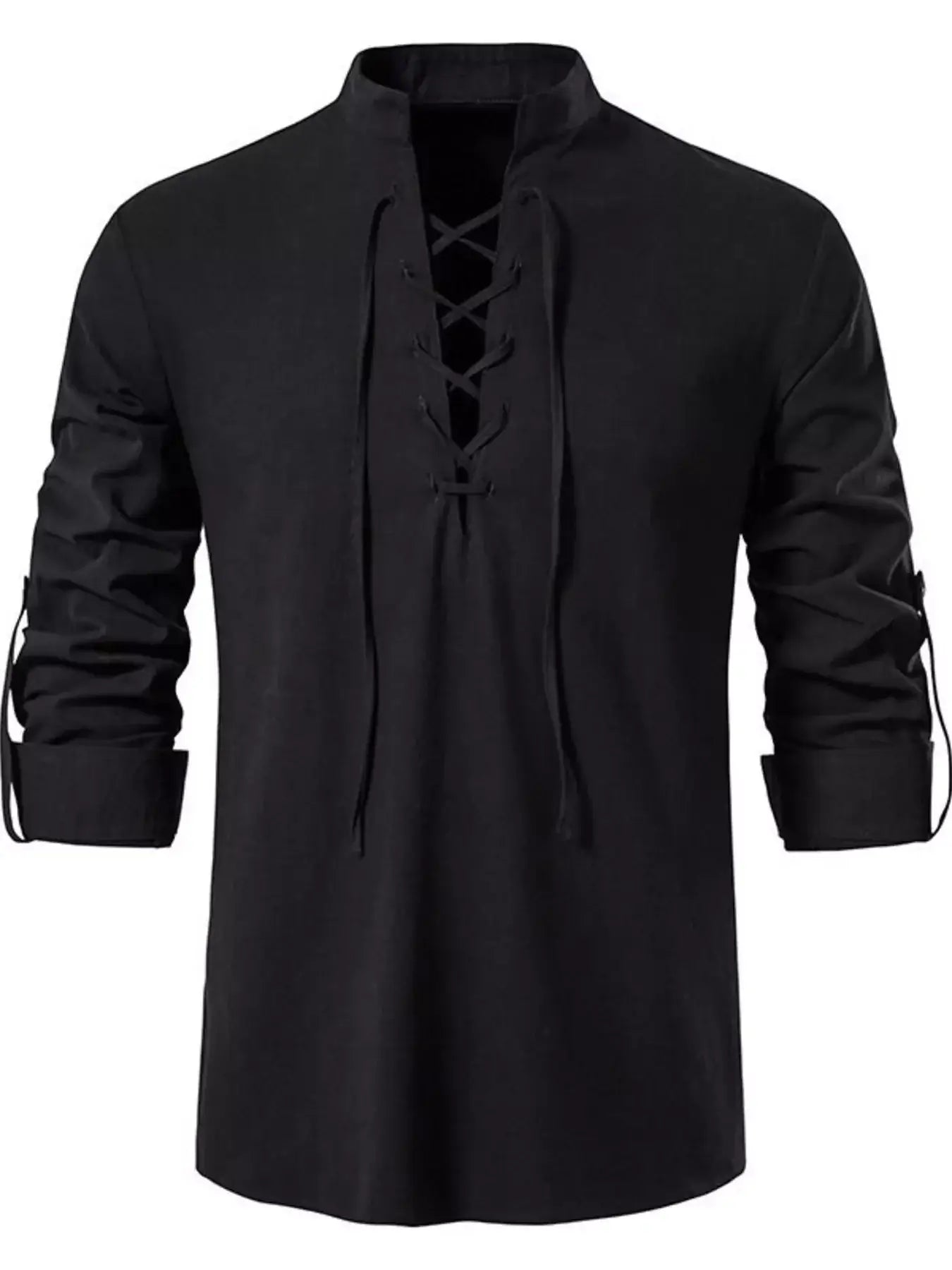 Black long-sleeve shirt with lace-up front on a white background