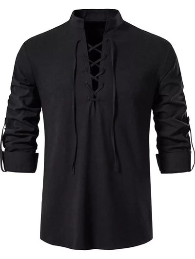 Black long-sleeve shirt with lace-up front on a white background