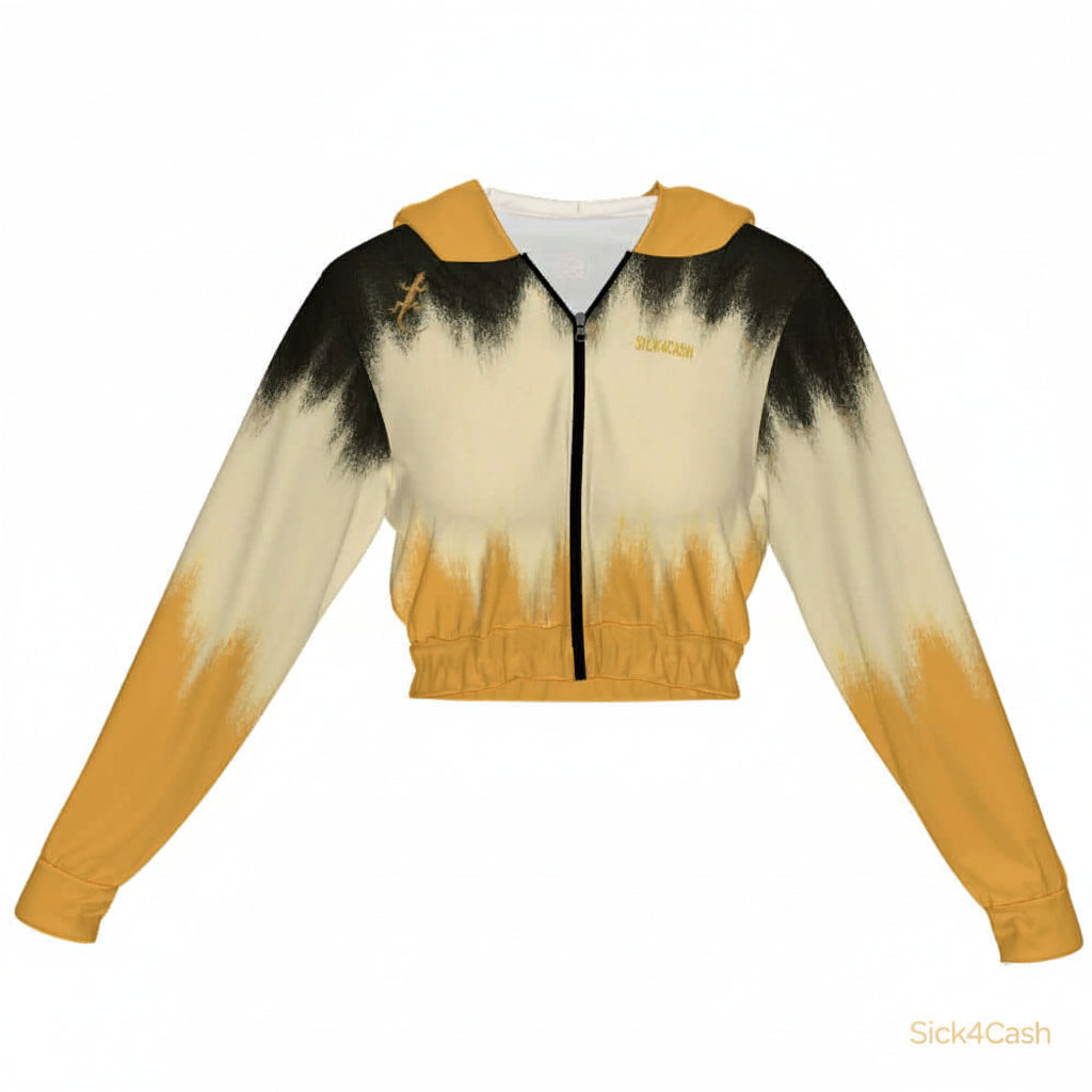 SICK4CASH — Premium Cotton Color Women's Chiffon Cropped Jacket zipper coat featuring unique yellow and black design.