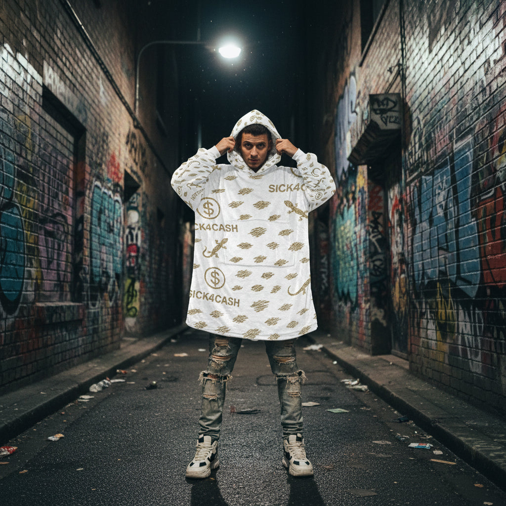 Men’s oversized blanket hoodie with plush fleece fabric, kangaroo pocket, and hood – all-over print design with black or white cuff