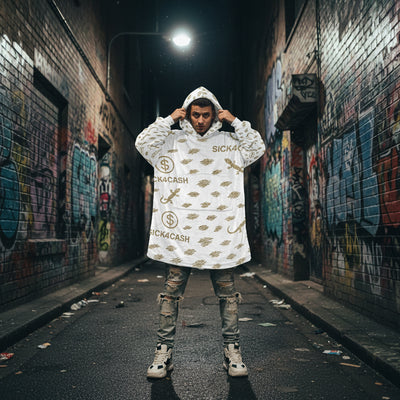 Men’s oversized blanket hoodie with plush fleece fabric, kangaroo pocket, and hood – all-over print design with black or white cuff