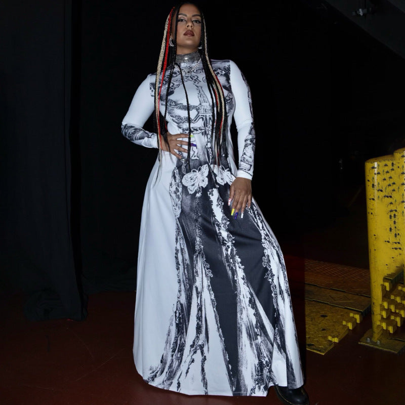 Women's High Neck Long Sleeve Black Printed Halloween Dress Long Length