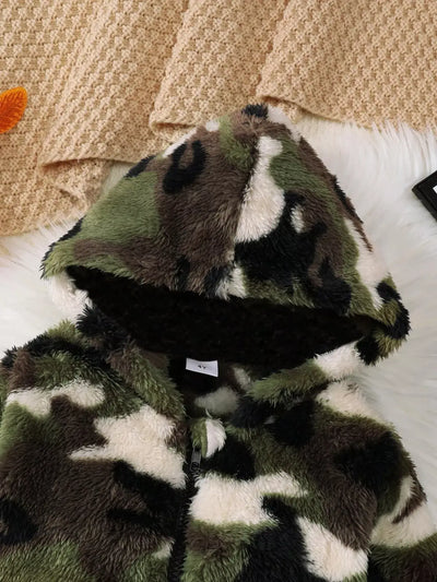 Children's Camouflage Plush Hooded Jacket showing the soft camo fabric and hood design.