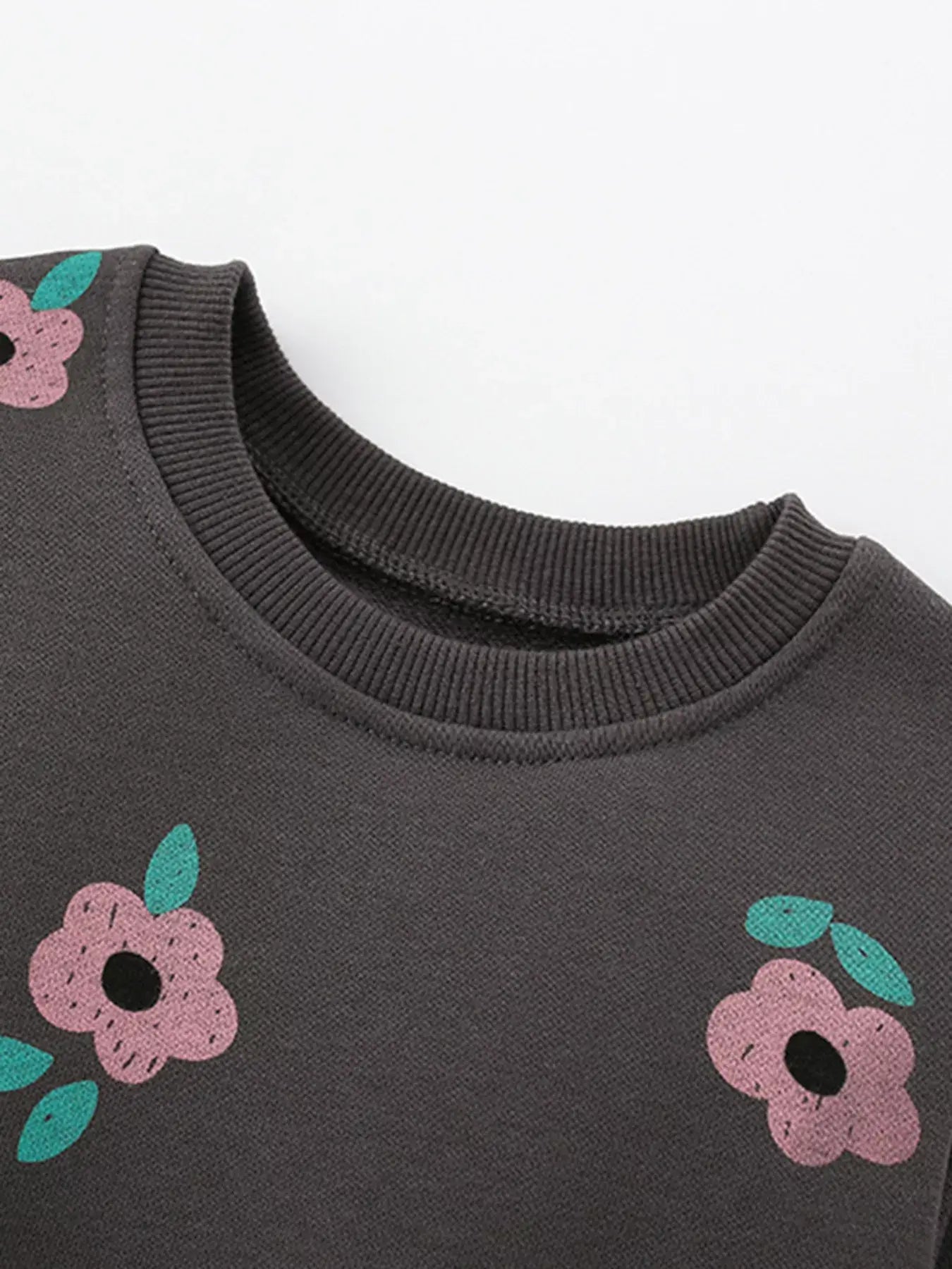 Children's Floral Print Crew Neck Sweatshirt featuring a ribbed neckline and floral design.