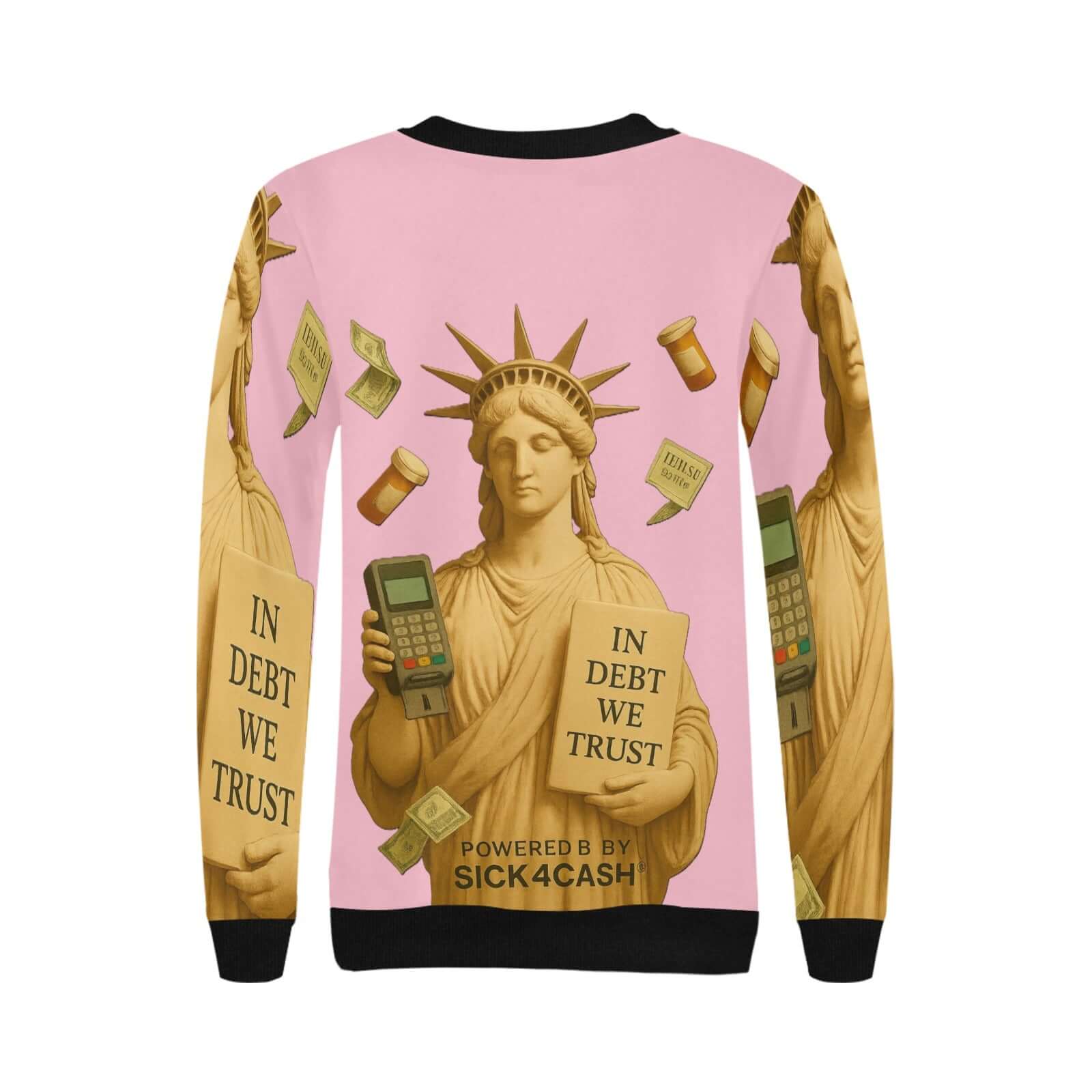 Sweatshirt with Statue of Liberty design and text on a pink background