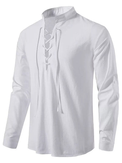 White long-sleeve shirt with lace-up front design on a white background