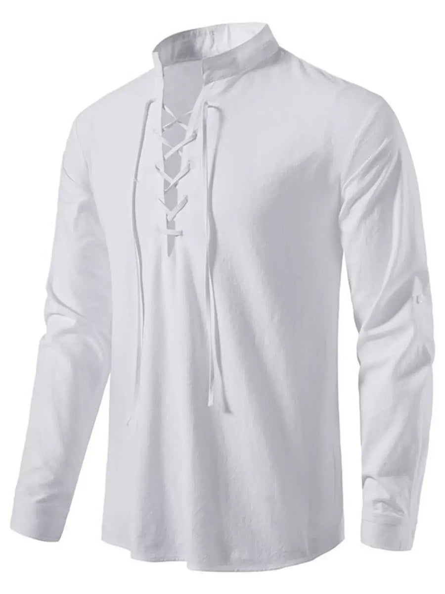 White long-sleeve shirt with lace-up front design on a white background