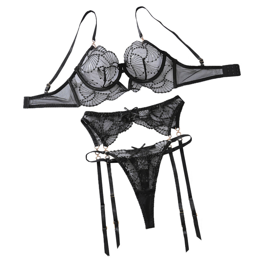 Embroidered Lace Lingerie Set – 3-Piece Sheer Bra, Panty & Garter Belt