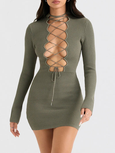 Women's Sexy Lace-Up Bodycon Bandage Dress – Green, Long Sleeve