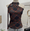 Ribbon top hanging neck plaid camisole vest for women