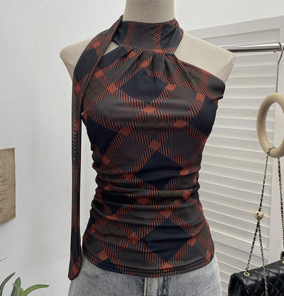 Ribbon top hanging neck plaid camisole vest for women