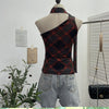 Ribbon top hanging neck plaid camisole vest for women