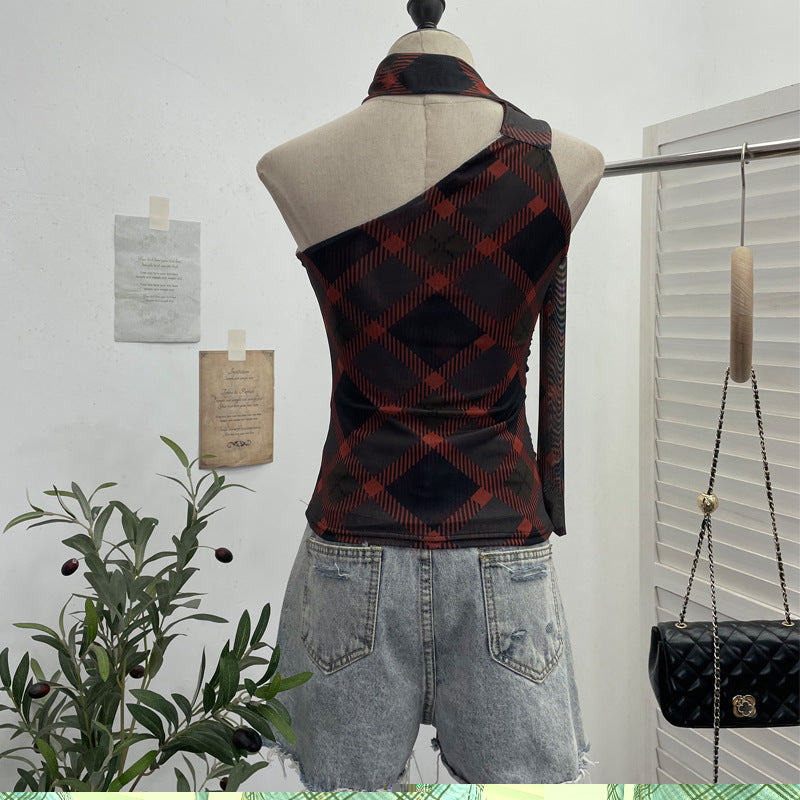 Plaid Ribbon Neck Camisole Vest – Hanging Strap Top for Women