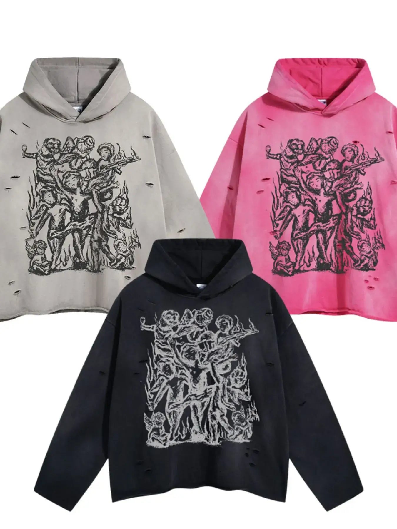 Men's Graphic Long Sleeve Hoodie in gray, pink, and black showcasing oversized design and artistic print.