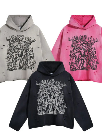 Men's Graphic Long Sleeve Hoodie in gray, pink, and black showcasing oversized design and artistic print.