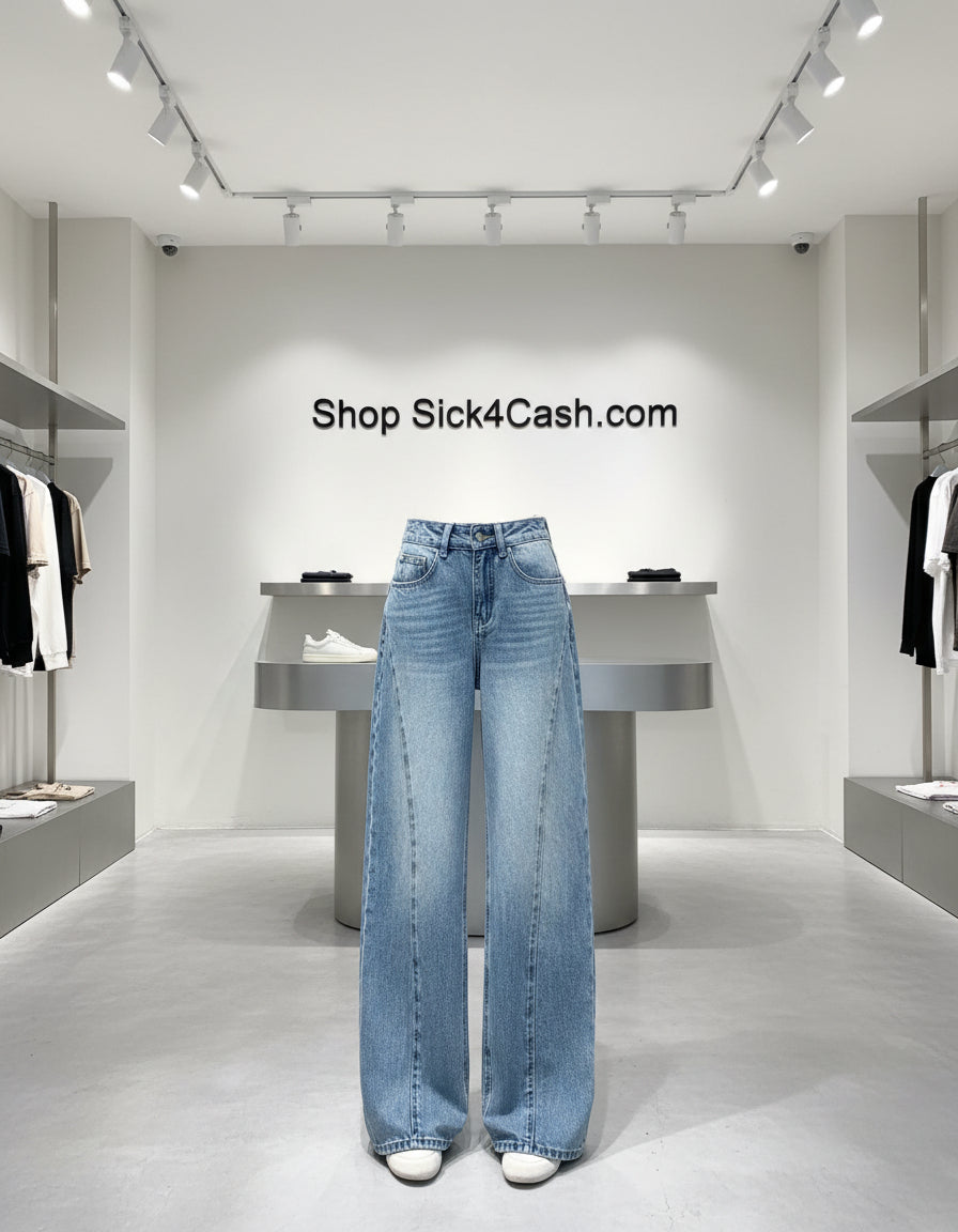 Blue jeans displayed in a store with 'Shop Sick4Cash.com' text.