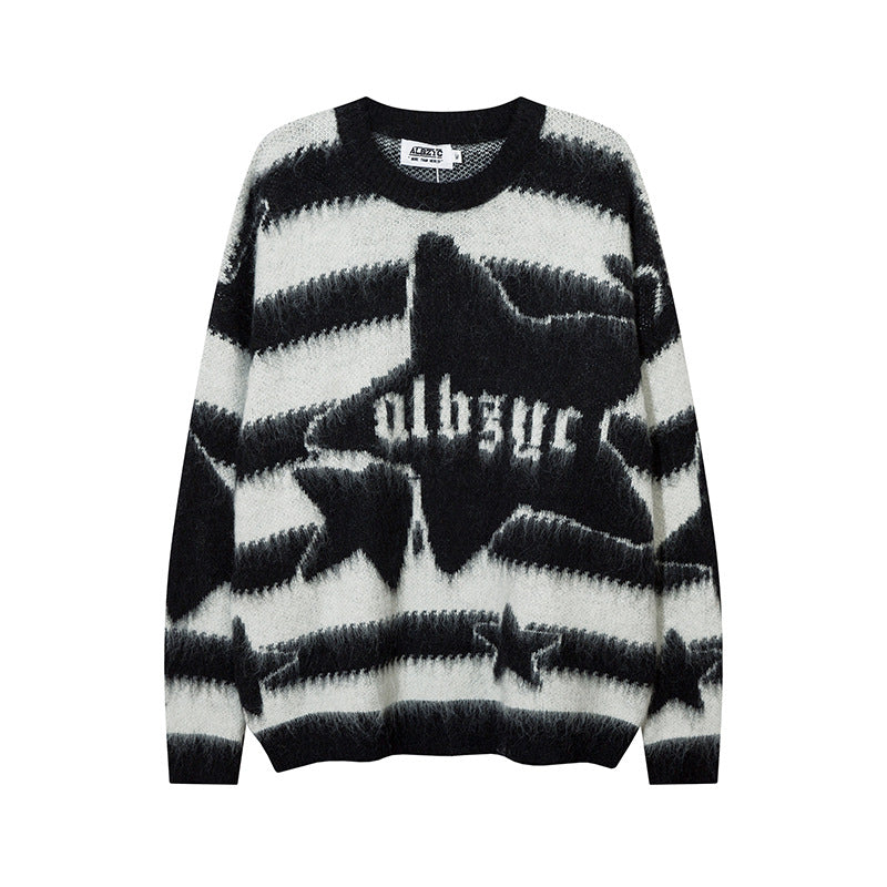 Striped Star Mohair Sweater – Unisex Loose Knit for Streetwear Couples