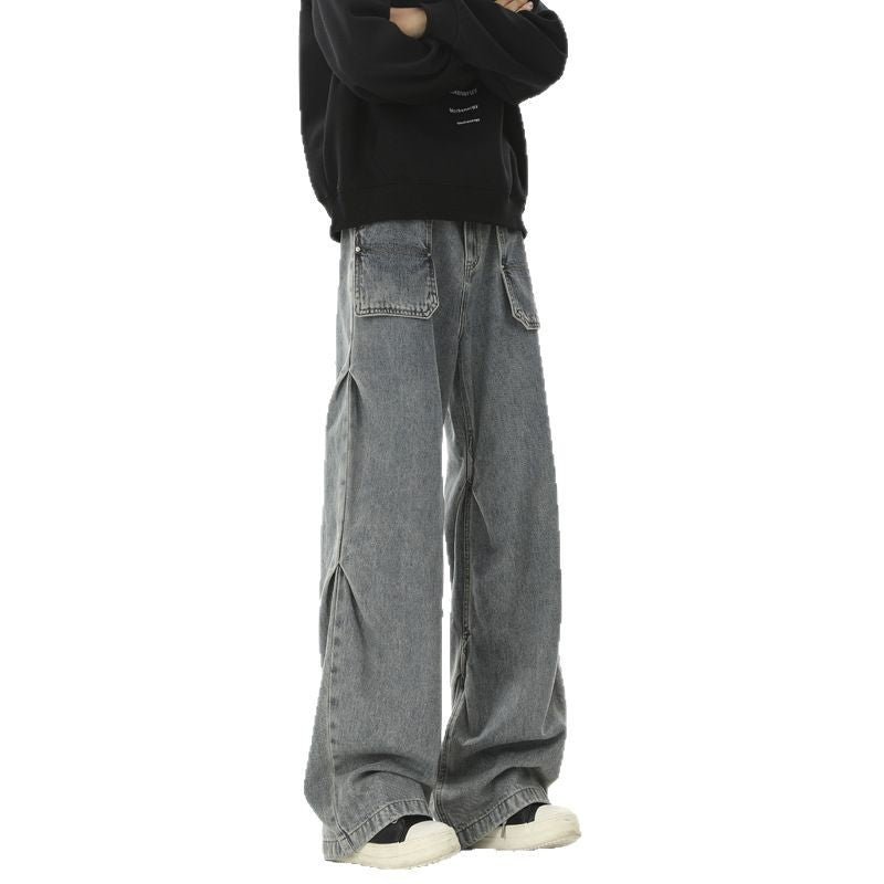 Men's Retro Pleated Washed Denim Jeans – Vintage Streetwear Revival