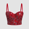 Elastic Red Bone Chest Support Sequin Embroidered Strap Camisole