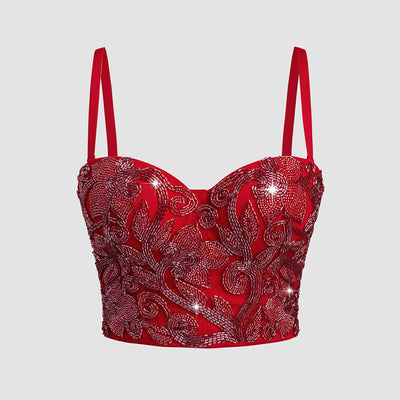 Elastic Red Bone Chest Support Sequin Embroidered Strap Camisole