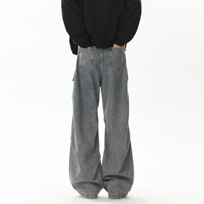 Retro pleated washed denim jeans for men