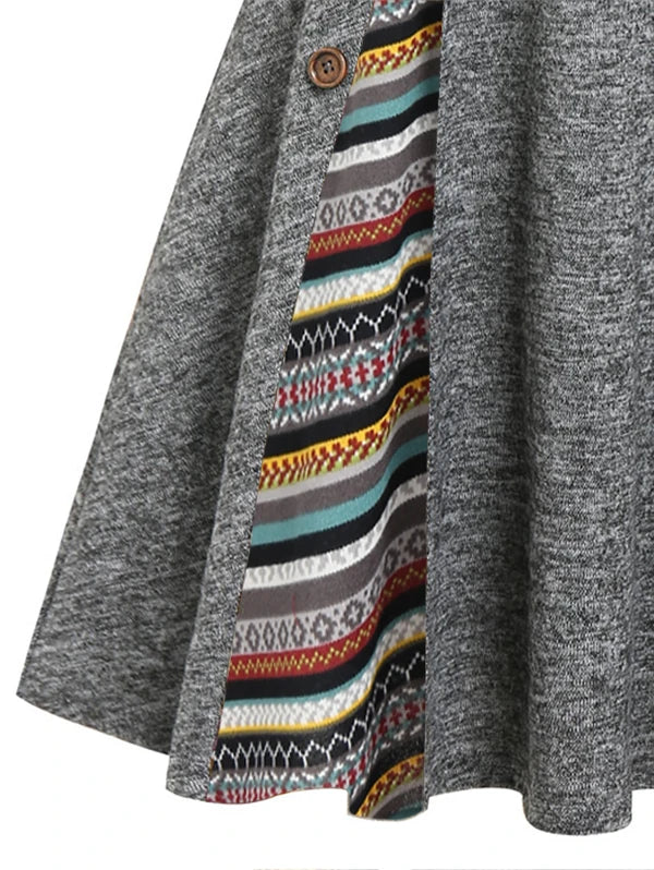 Women's Fall Winter Convertible Neck Cinched Striped Flare A-Line Dress – Long Sleeve Casual Vestidos