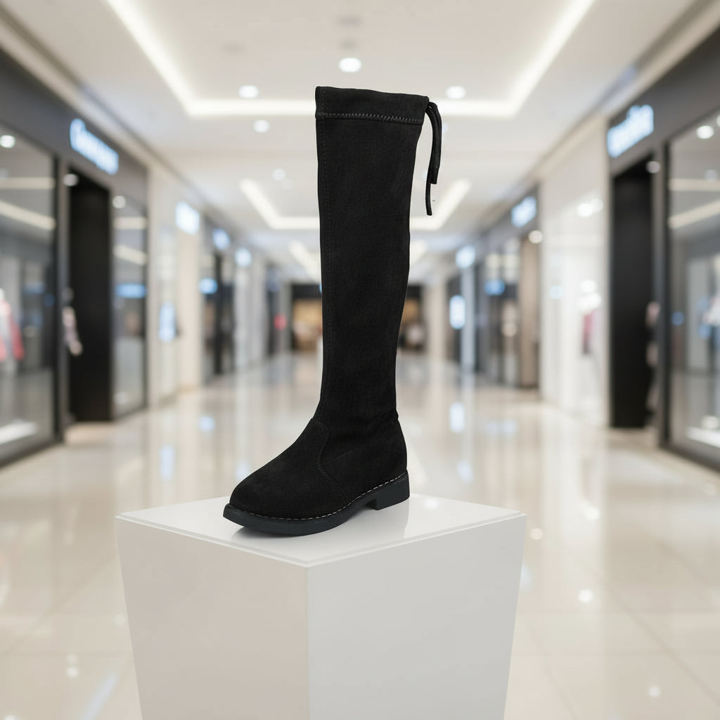 Black knee-high boot on a white pedestal in a blurred mall setting