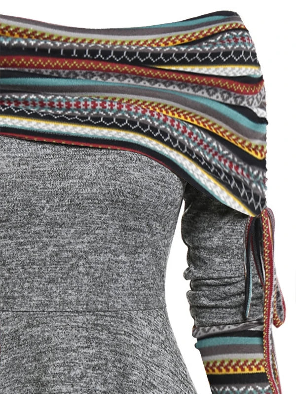 Women's Fall Winter Convertible Neck Cinched Striped Flare A-Line Dress – Long Sleeve Casual Vestidos