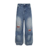 Washed Patch Embroidered Denim Pants Unisex Loose Wide Leg Straight Trousers