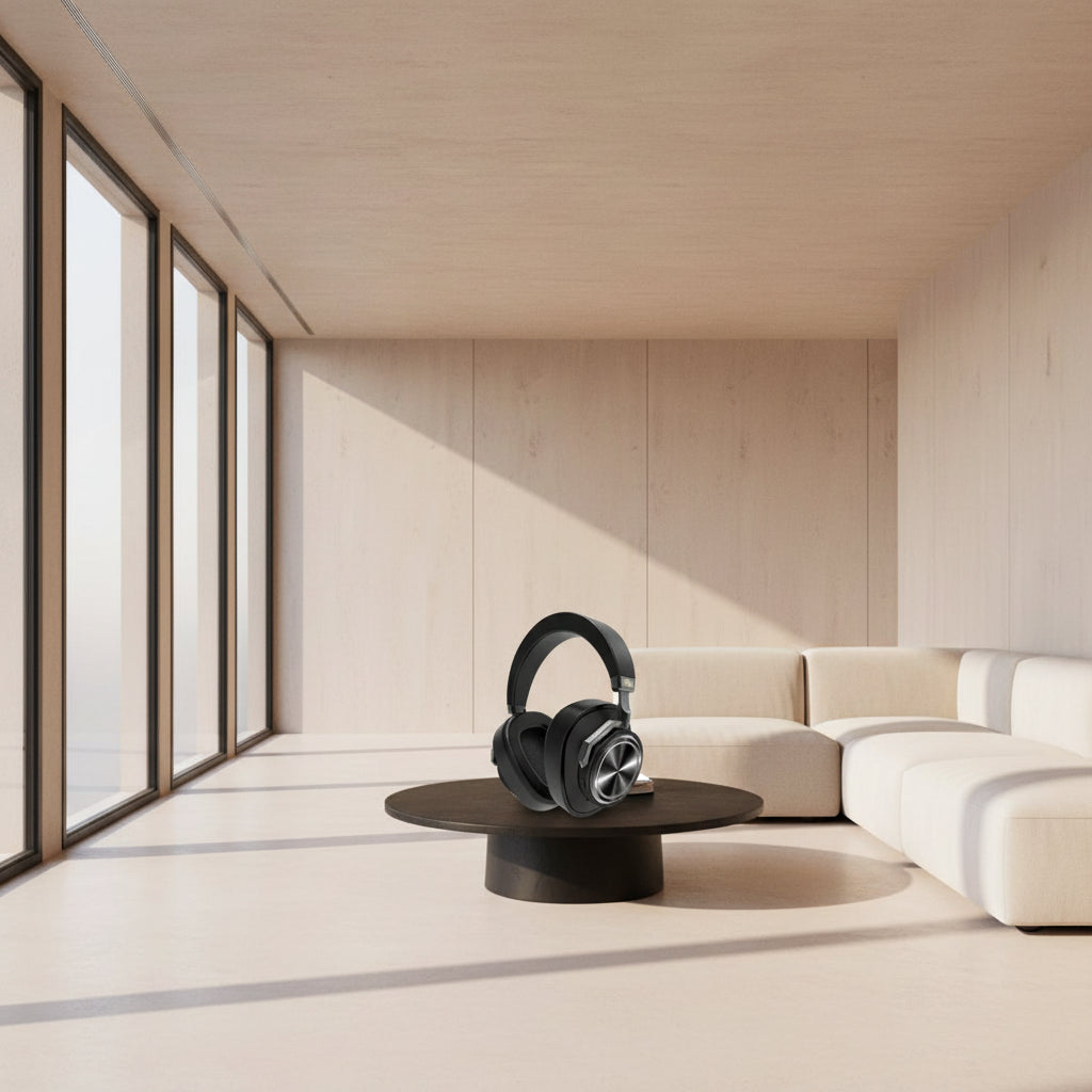 Black headphones on a small round table in a modern living room with large windows.