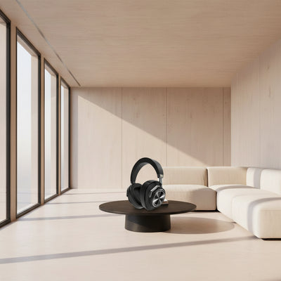 Black headphones on a small round table in a modern living room with large windows.
