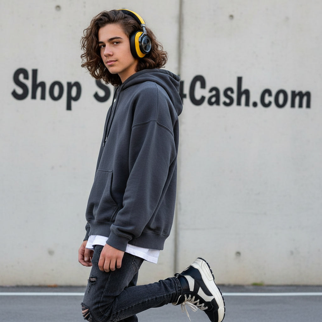 Person wearing a gray hoodie and headphones against a wall with 'Shop Cash.com' text.