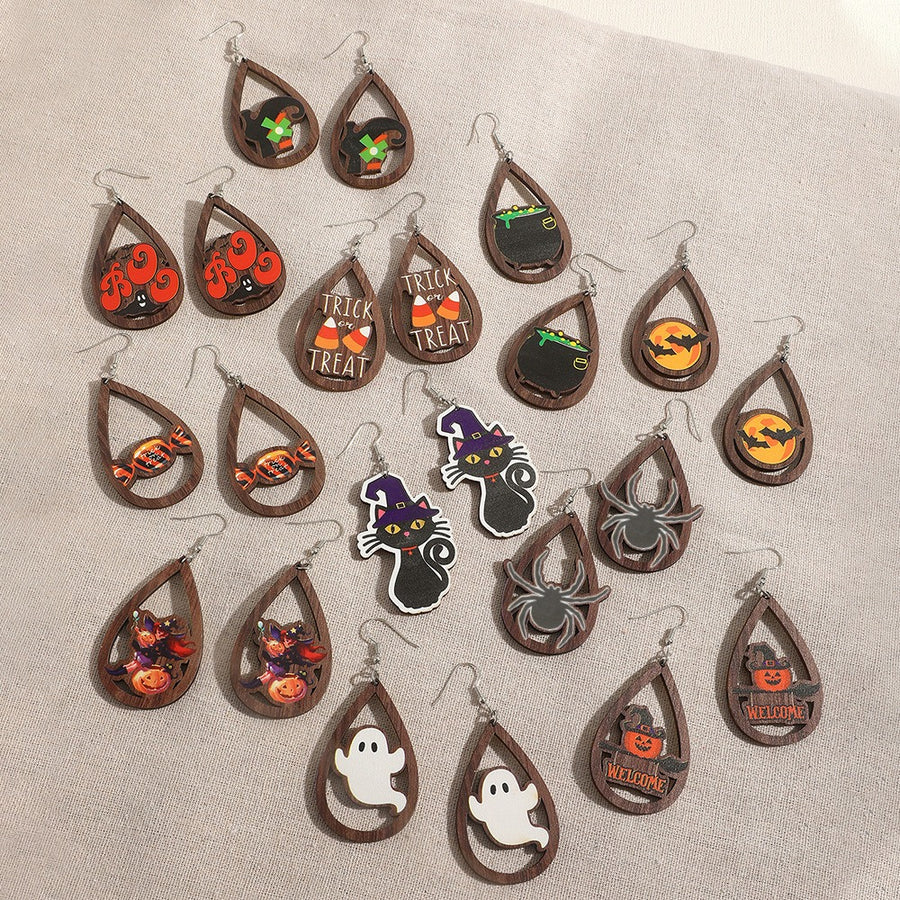 Halloween Wooden Kitten Ghost Pumpkin Bat Earrings Fun Funny Cartoon Pumpkin Earrings