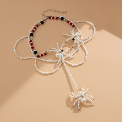 Dark style crystal woven spider necklace Halloween tassel large round bead collarbone chain